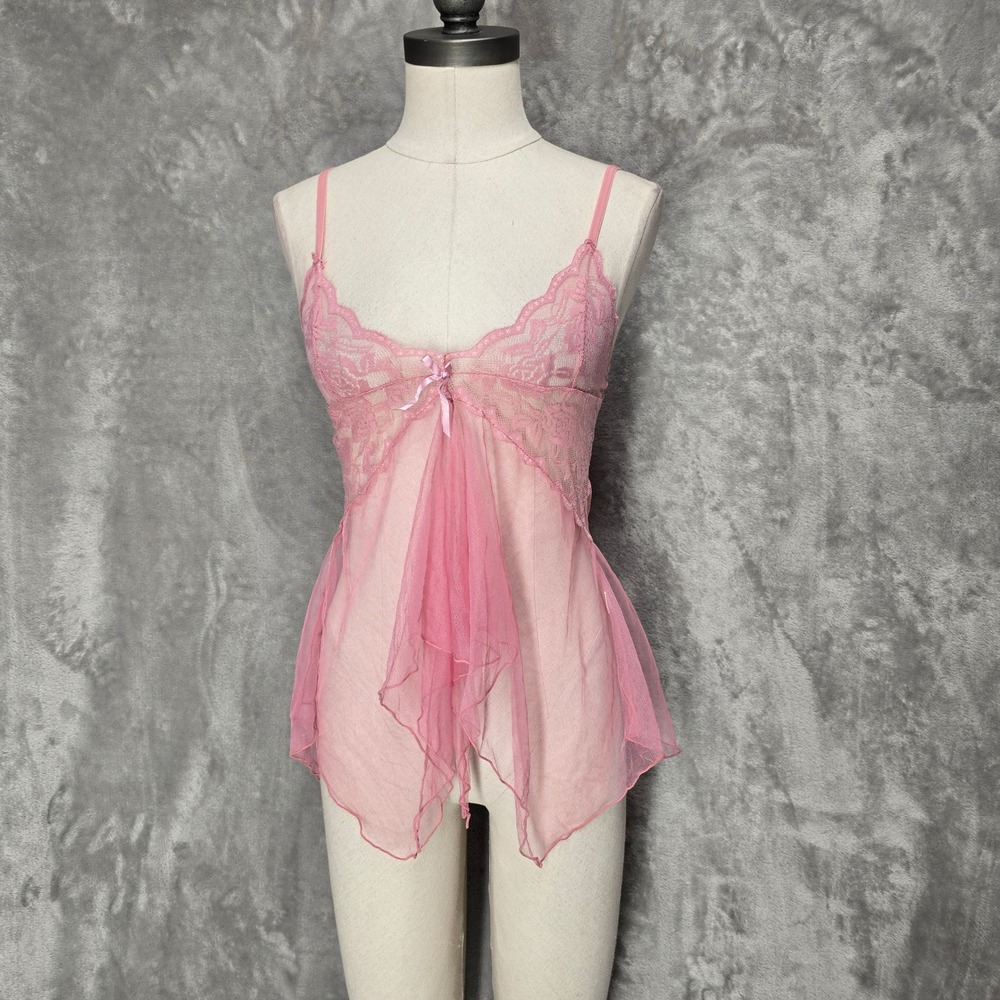 Babydoll Lingerie Women OS Pink Lace Sheer Mesh Ruffle Top Fairy Romantic Dainty